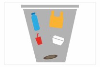Gezeichneter Mülleimer mit Müll wie Flaschen, Becher, Teller